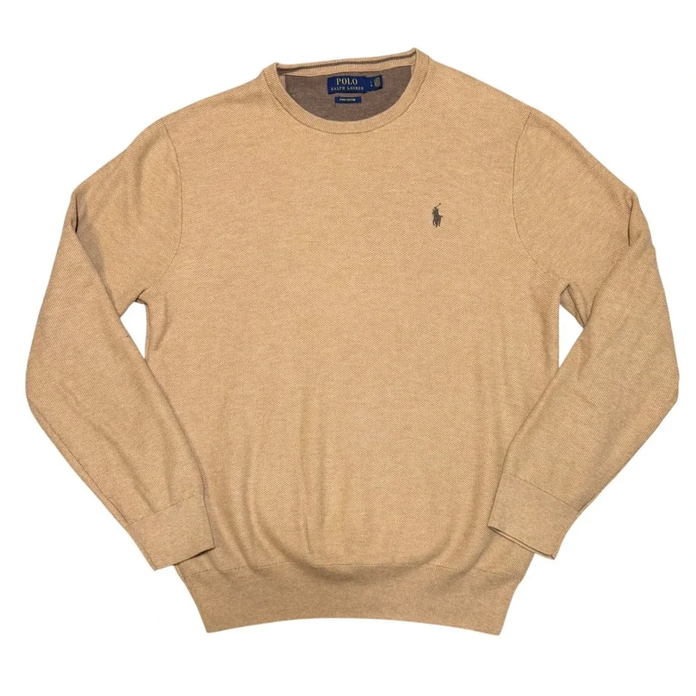 Polo Ralph Lauren Men Crewneck Sweater Mesh-Knit‎ Cotton Tan Camel Large Pony